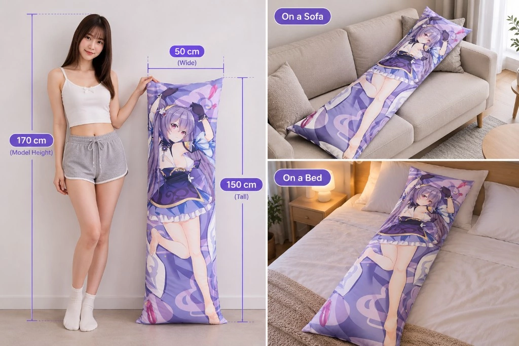 50 by 150 centimeter pillow next to a 170 centimeter model, on a sofa, and on a bed