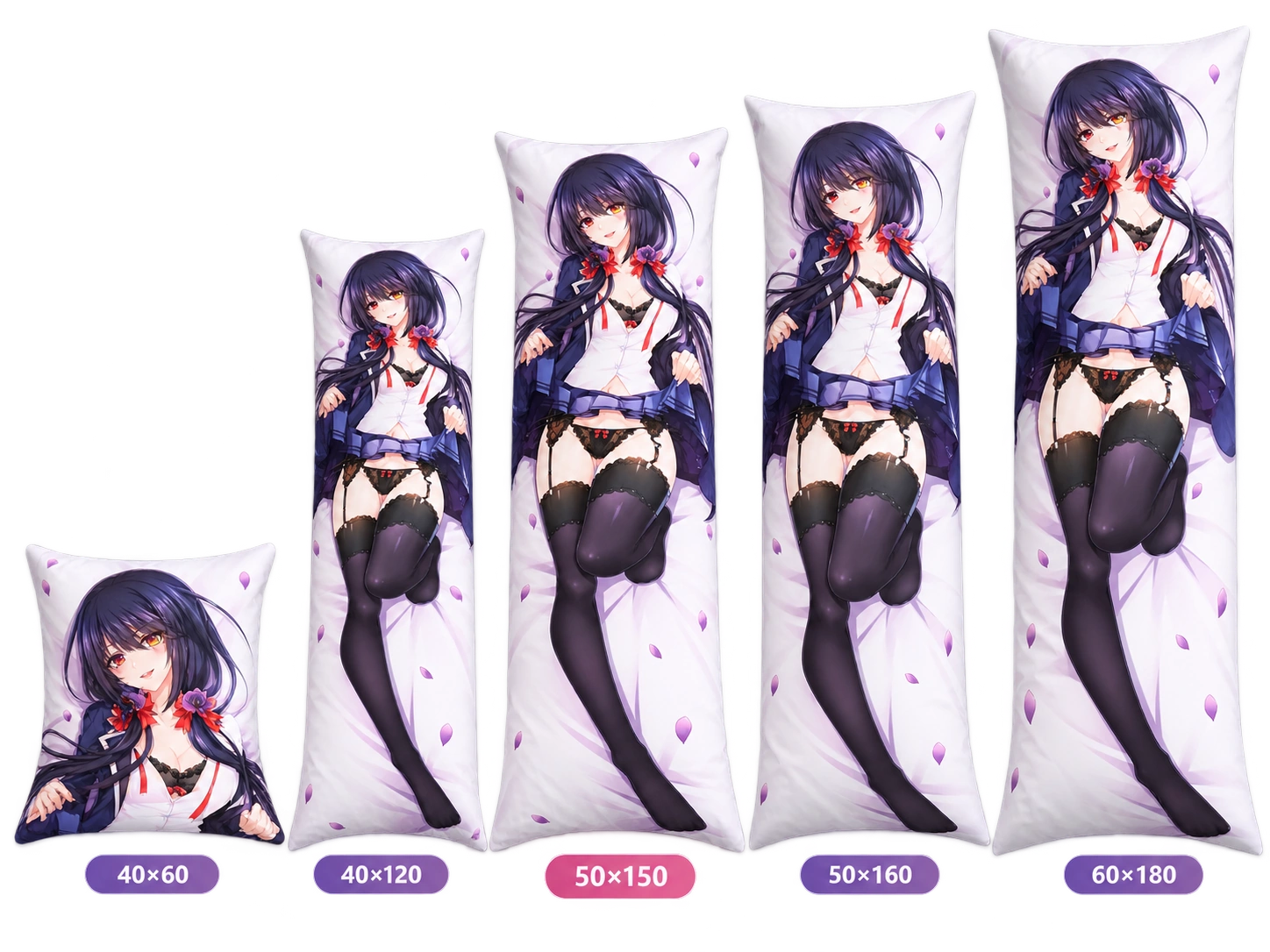 Proportional comparison of five anime body pillow sizes: 40 × 60, 40 × 120, 50 × 150, 50 × 160, and 60 × 180 cm.