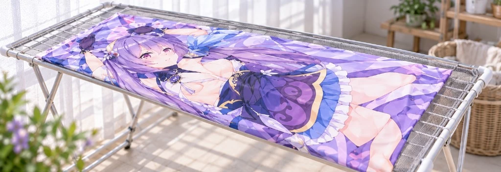 Dakimakura cover drying evenly on a drying rack
