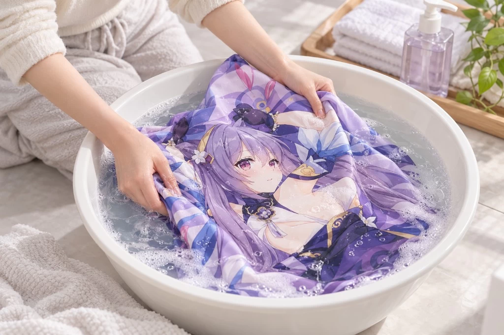 Care guide illustration showing gentle washing of a removable printed pillow cover