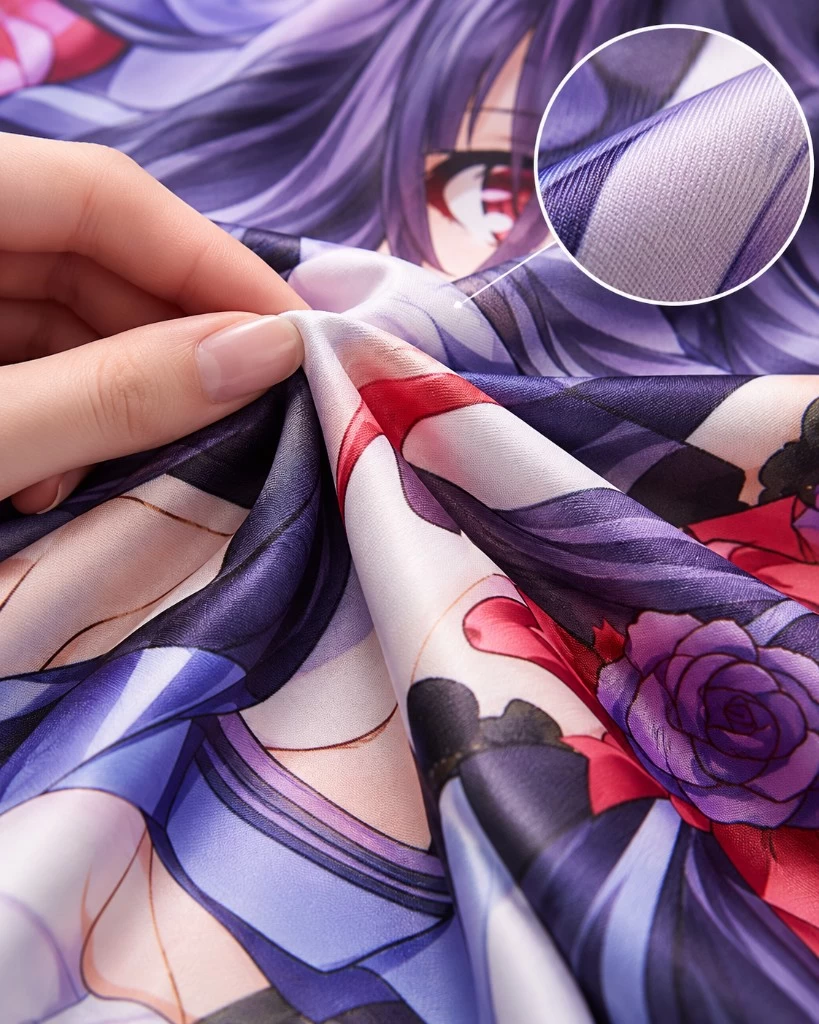 Hand holding New 2WAY fabric to show a fine, smooth printed surface
