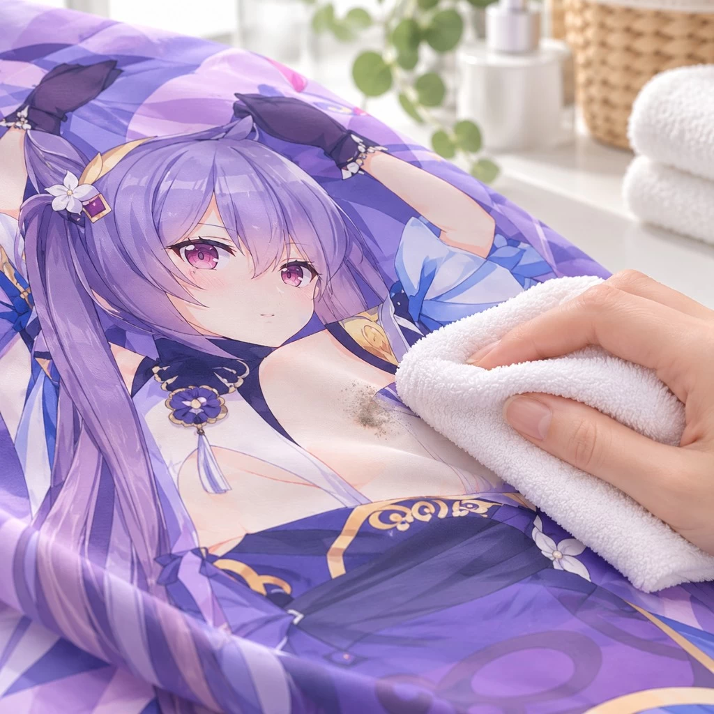 Pressing a soft cloth against a mark on a dakimakura cover