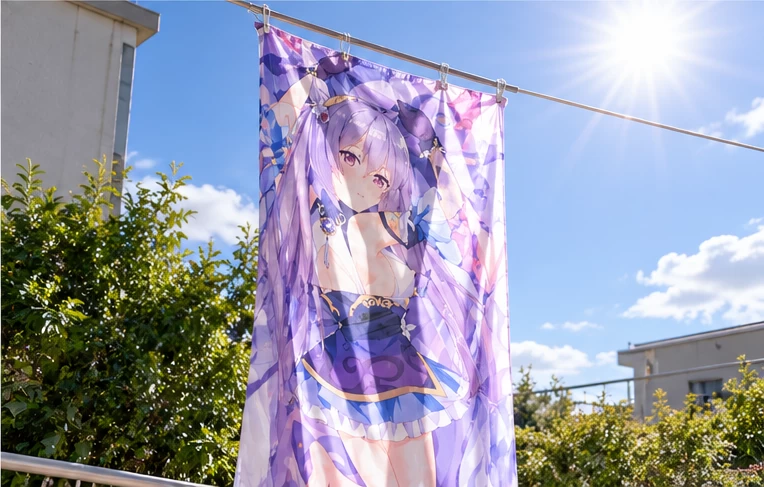 Dakimakura cover hanging in direct sunlight