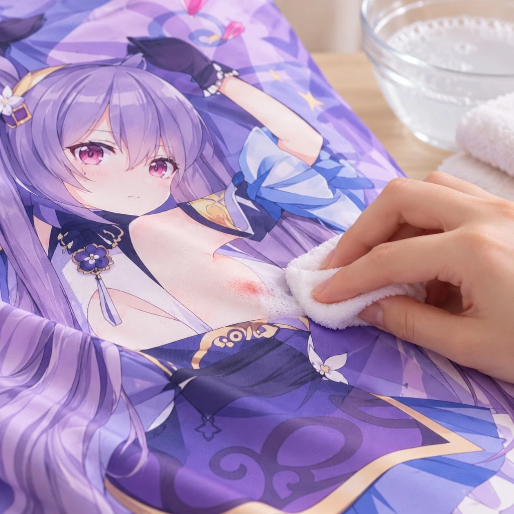Applying diluted detergent to a stain on a dakimakura cover