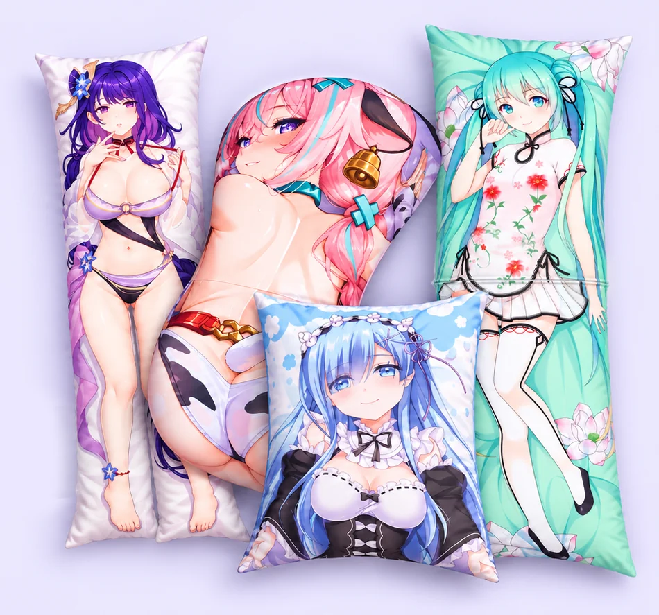 A selection of anime body pillows showing the classic rectangular dakimakura shape