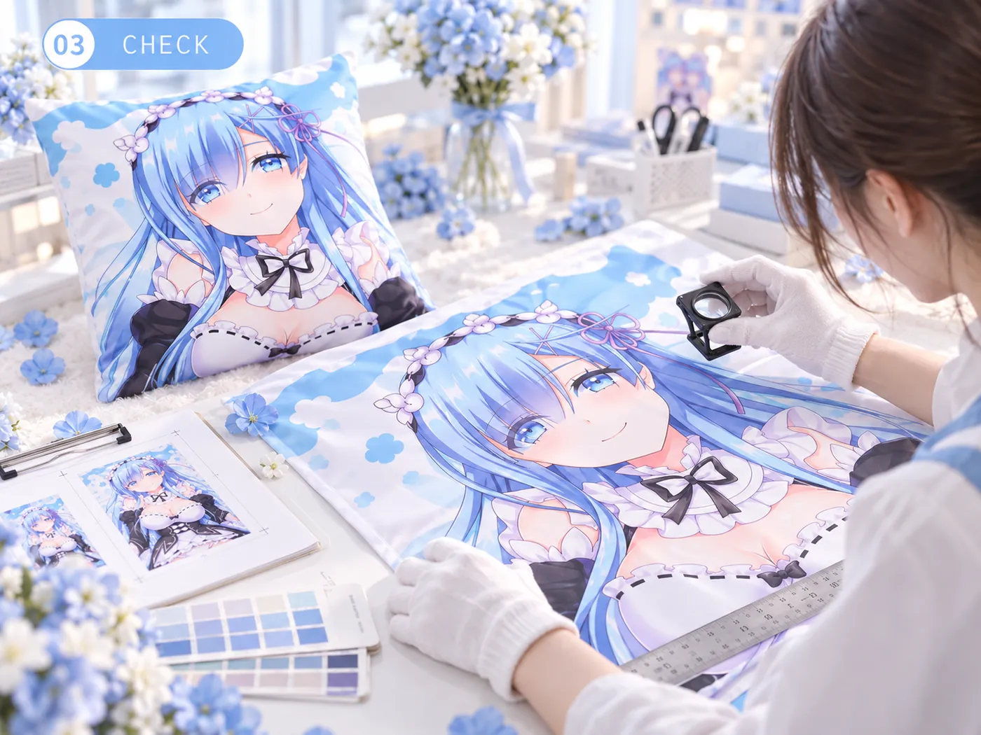 Checking printed pillow fabric — customization process illustration