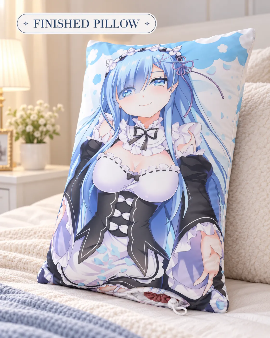 Finished custom half-body pillow with printed artwork and bottom opening