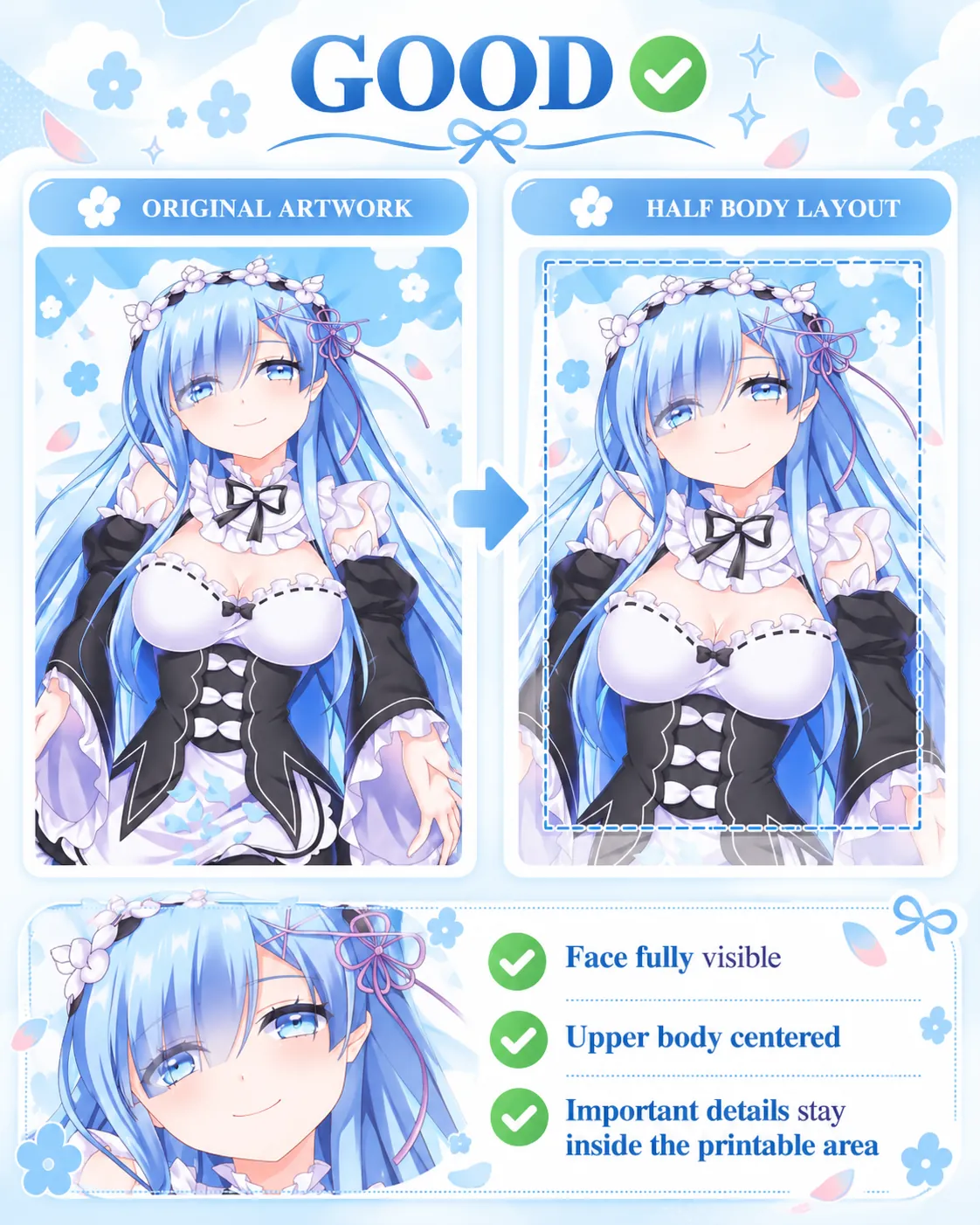 Good fit example: original artwork arranged within the half-body layout with face and upper-body details visible