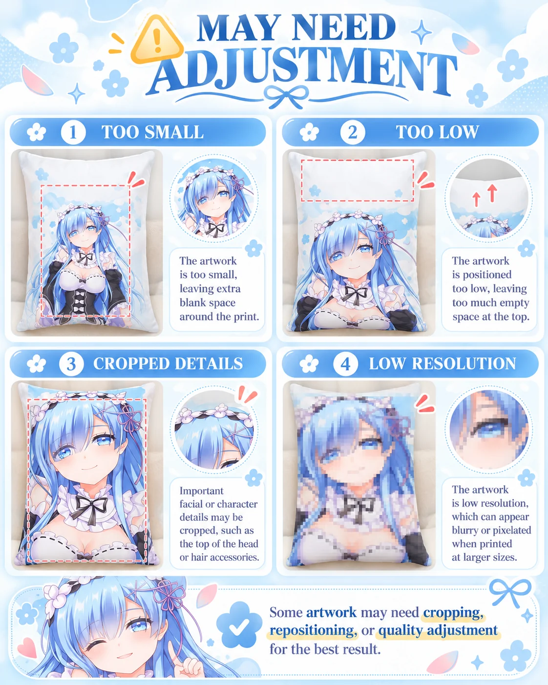Artwork examples that may need adjustment: too small, too low, cropped details or low resolution