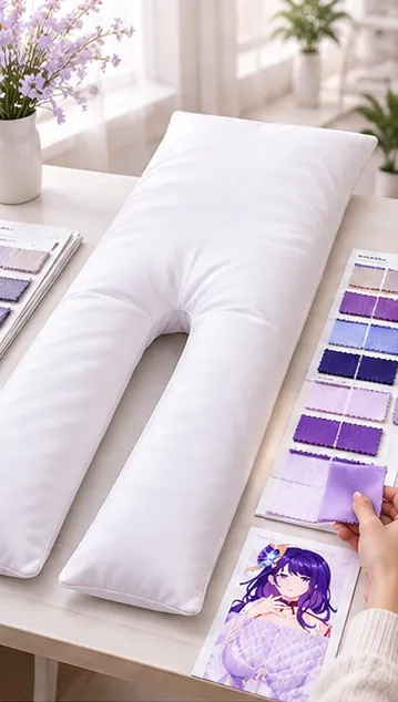 Fabric choices and an unfilled split-leg pillow arranged for setup selection.