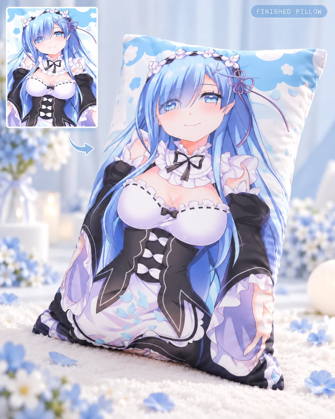 Finished custom half-body pillow showing the printed artwork