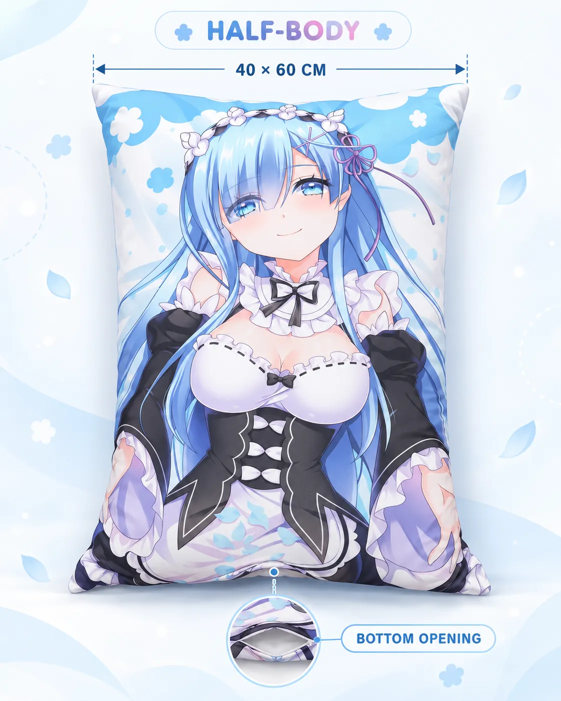 40 x 60 cm half-body pillow overview with bottom opening