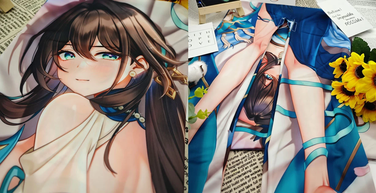 Close-up photos showing printed artwork and fabric details across a custom split-leg pillow