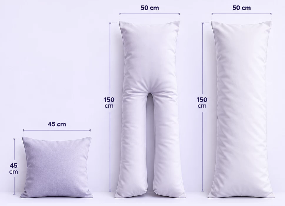 Proportional size comparison: a 45 by 45 cm sofa pillow, a 50 by 150 cm split-leg body pillow, and a 50 by 150 cm standard dakimakura